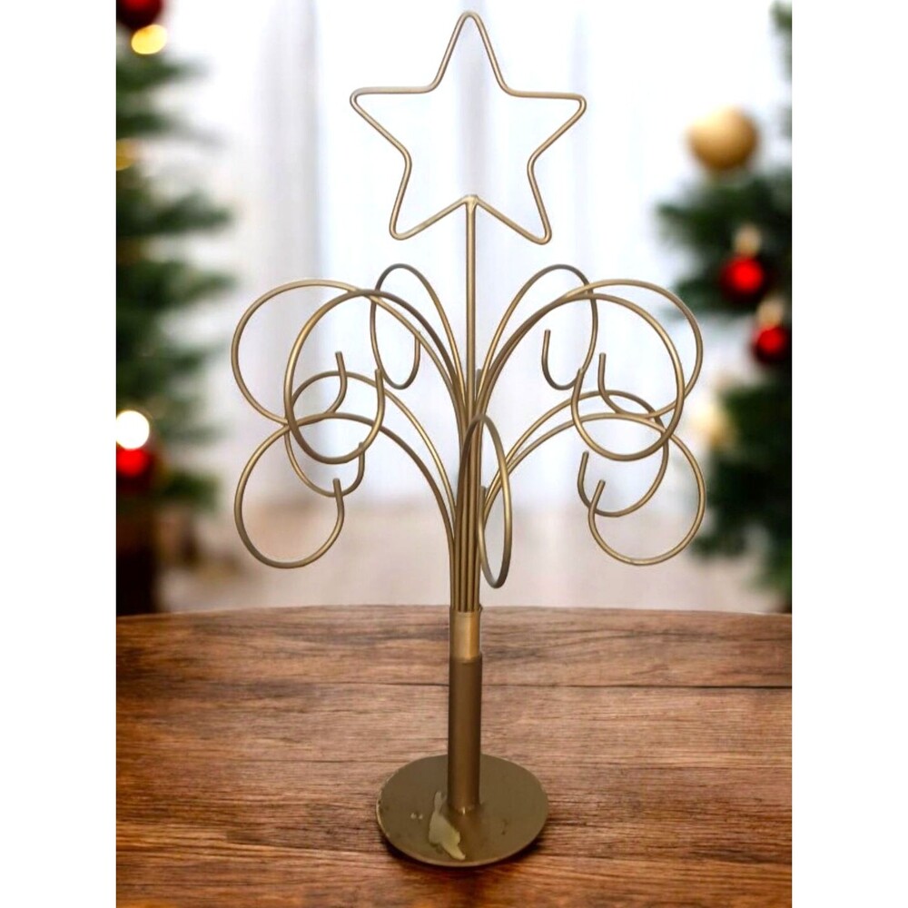 Vtg 90's Gold Metal Christmas Ornament 18" Display Tree Stand Santa's Workbench